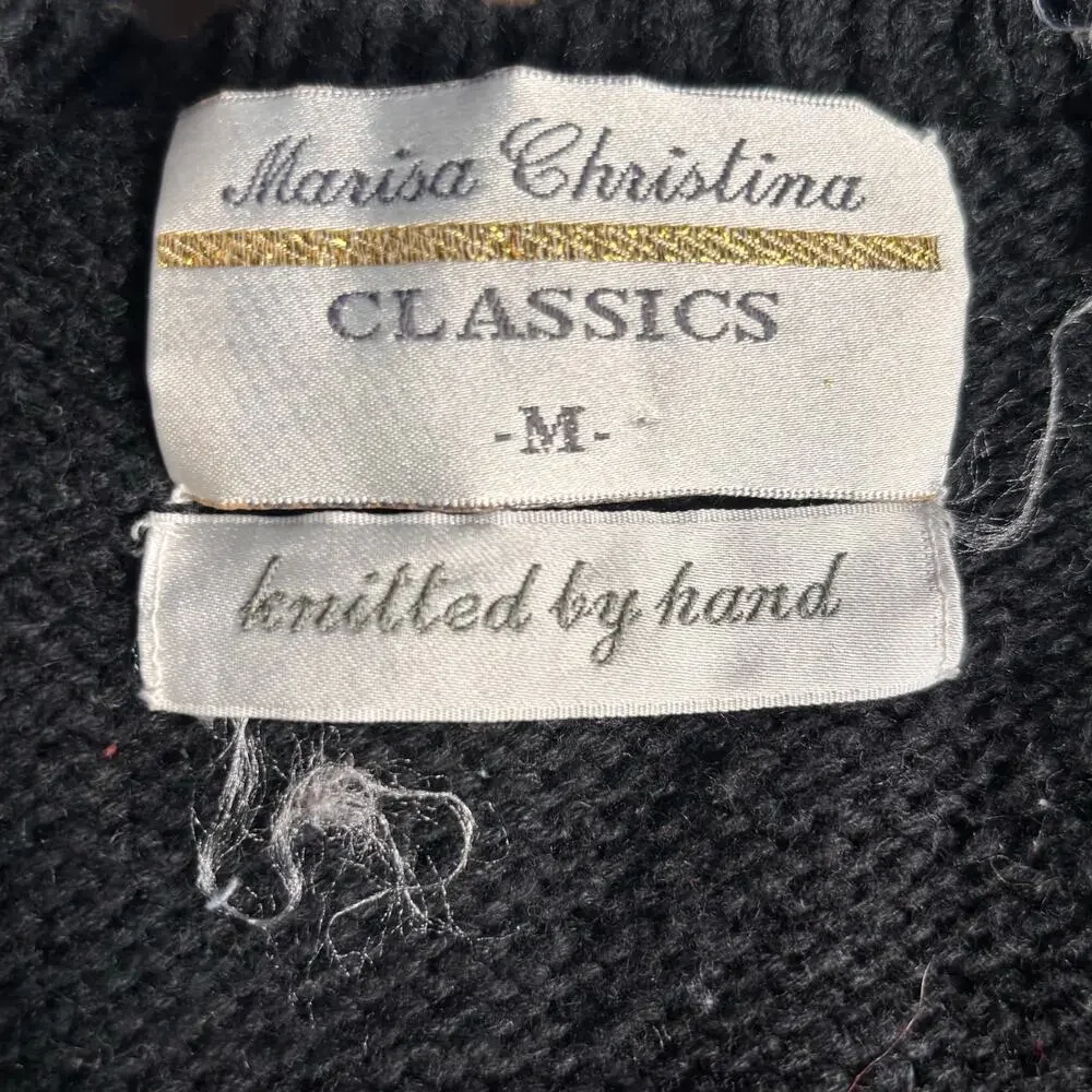 Vintage Marisa Christina Hand Knit Chunky Black Leaf Sweater Vest Black Autumn